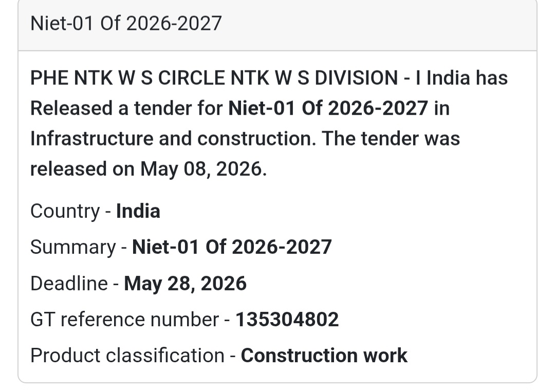 🚰 Heading: NIET-01 Of 2026-2027 Tender Notice By PHE NTK W/S Division-I