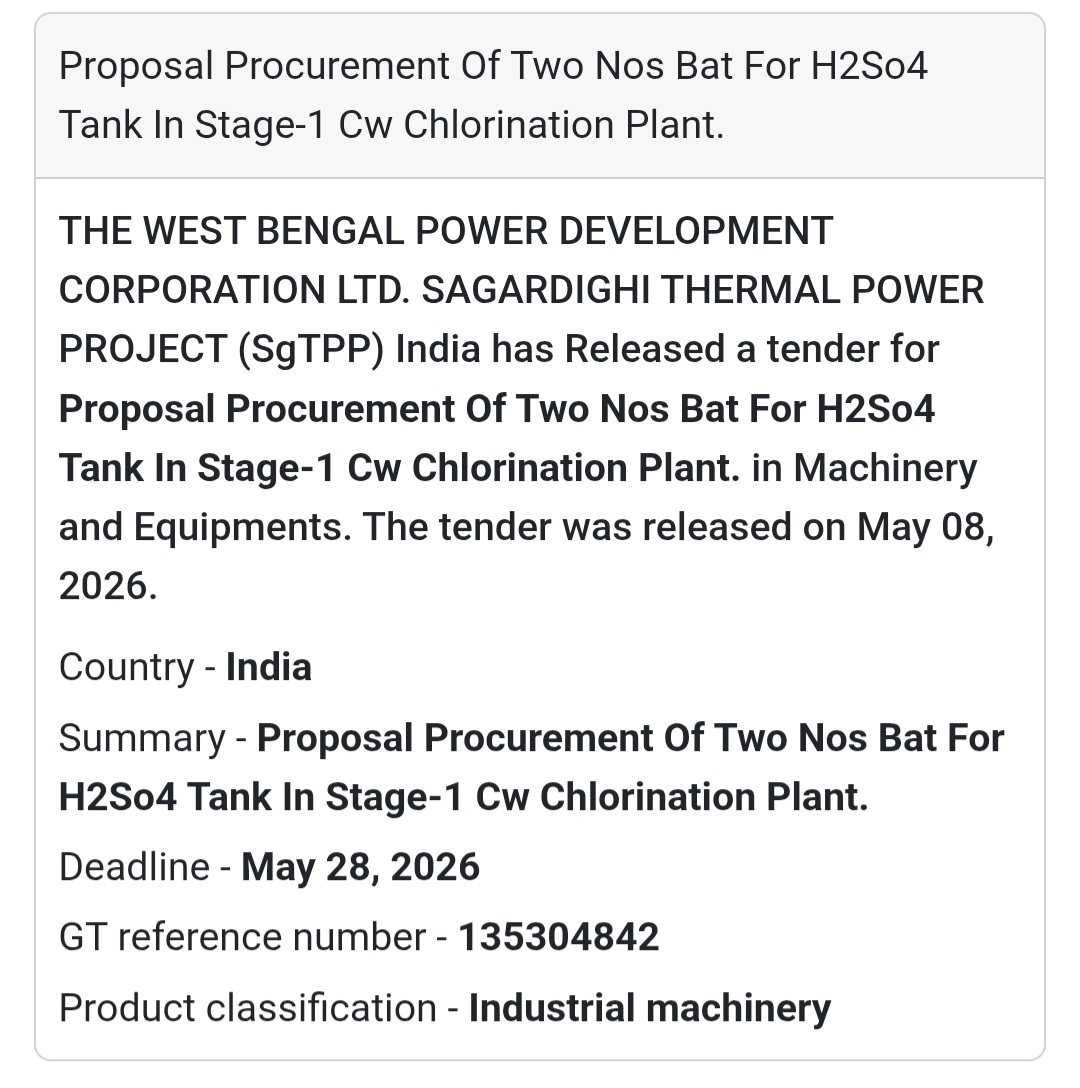 🏭 Heading: Procurement Of H2SO4 Tank Equipment For Sagardighi Thermal Power Project