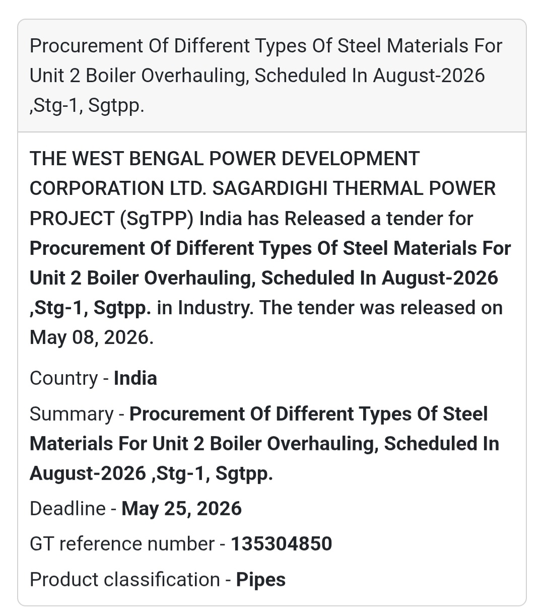 🏭 Heading: Steel Materials Procurement For Unit-2 Boiler Overhauling
