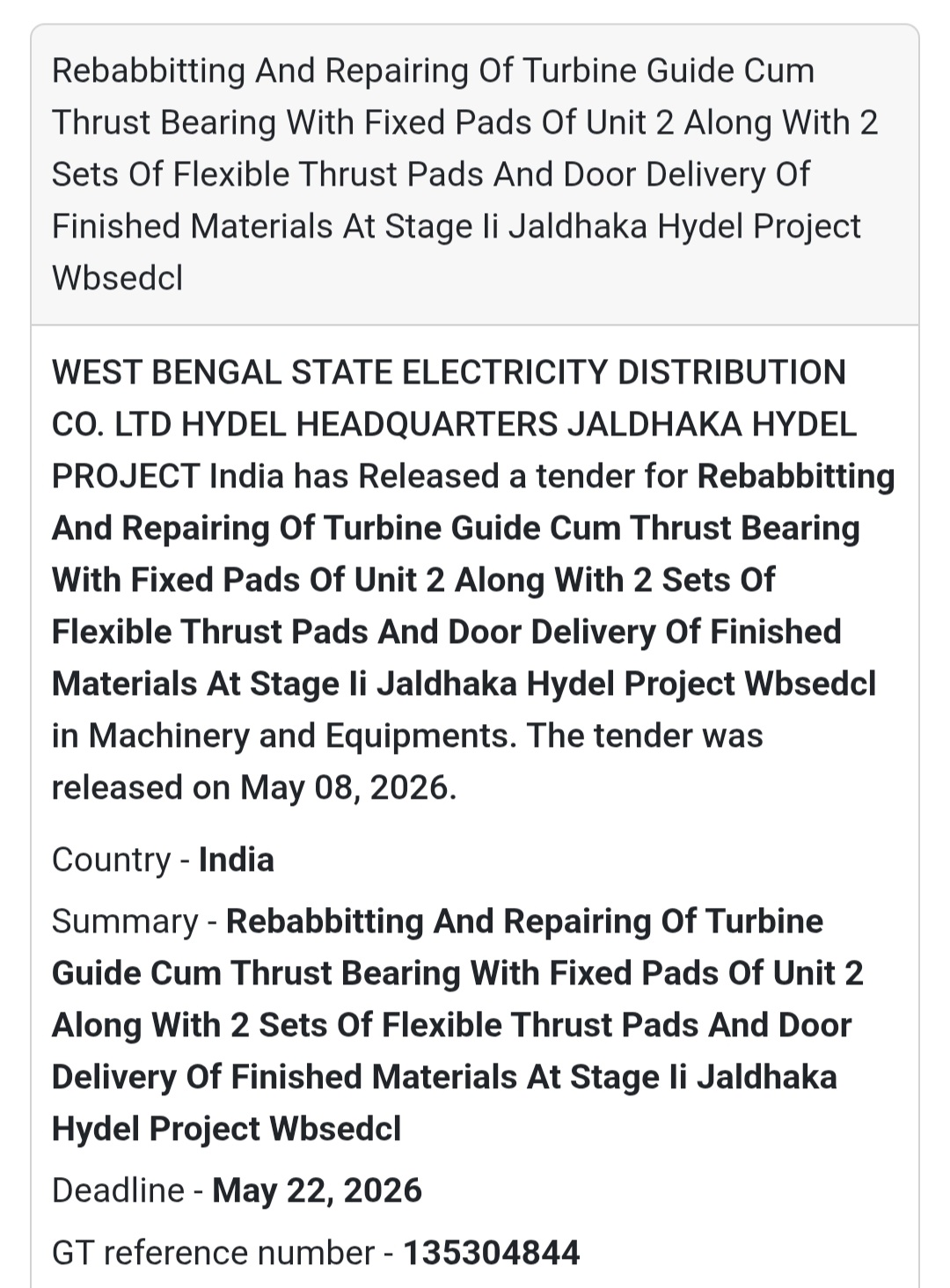 🔧 Heading: Turbine Guide And Thrust Bearing Repair Tender At Jaldhaka Hydel Project