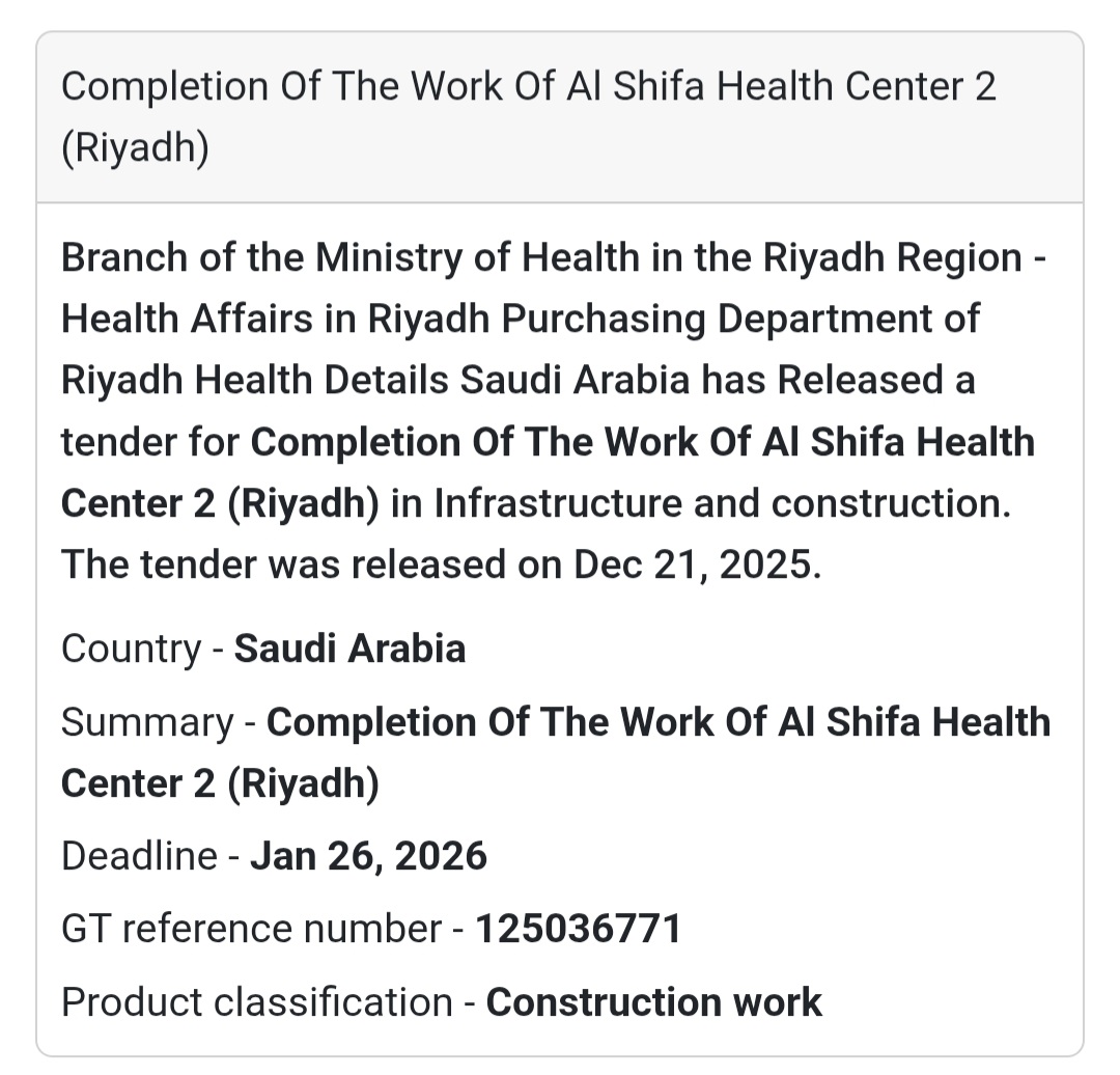 🏥 Healthcare Construction Tender – Saudi Arabia