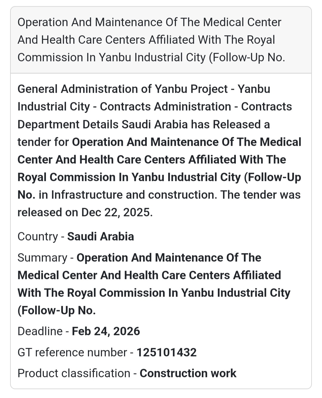 🏥 Healthcare Facility O&M – Yanbu Industrial City 🇸🇦