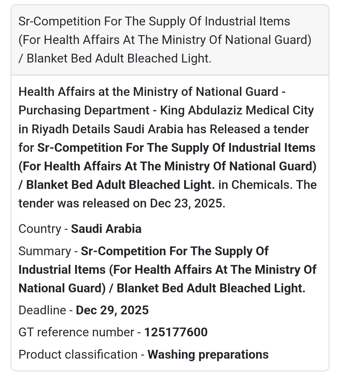 🧺 Healthcare & Industrial Supplies Tender – Saudi Arabia 🇸🇦