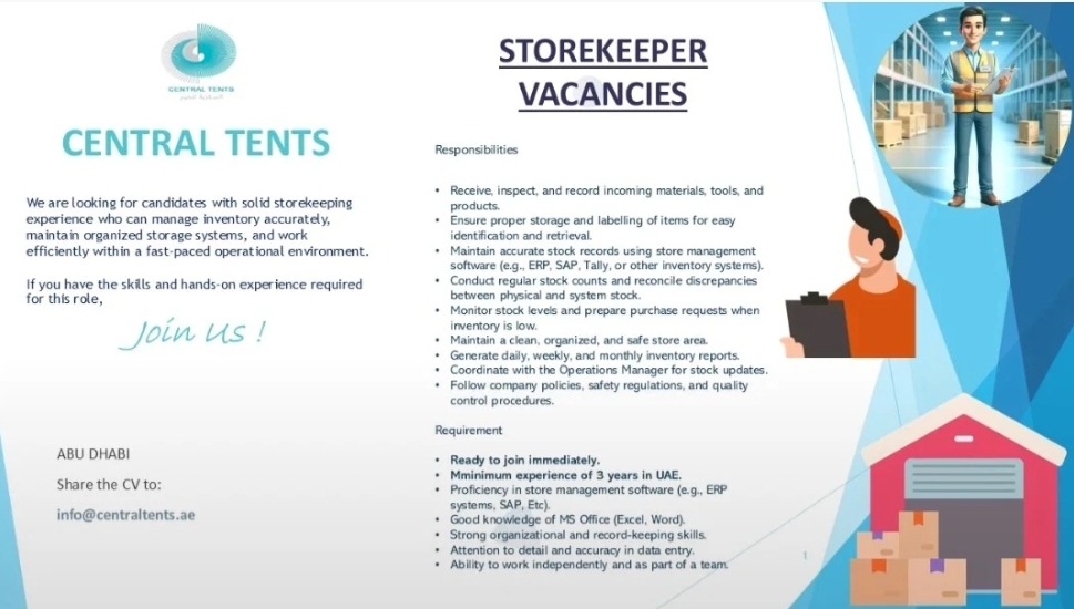 📦 Hiring Now: Storekeeper – Central Tents | Abu Dhabi 🇦🇪