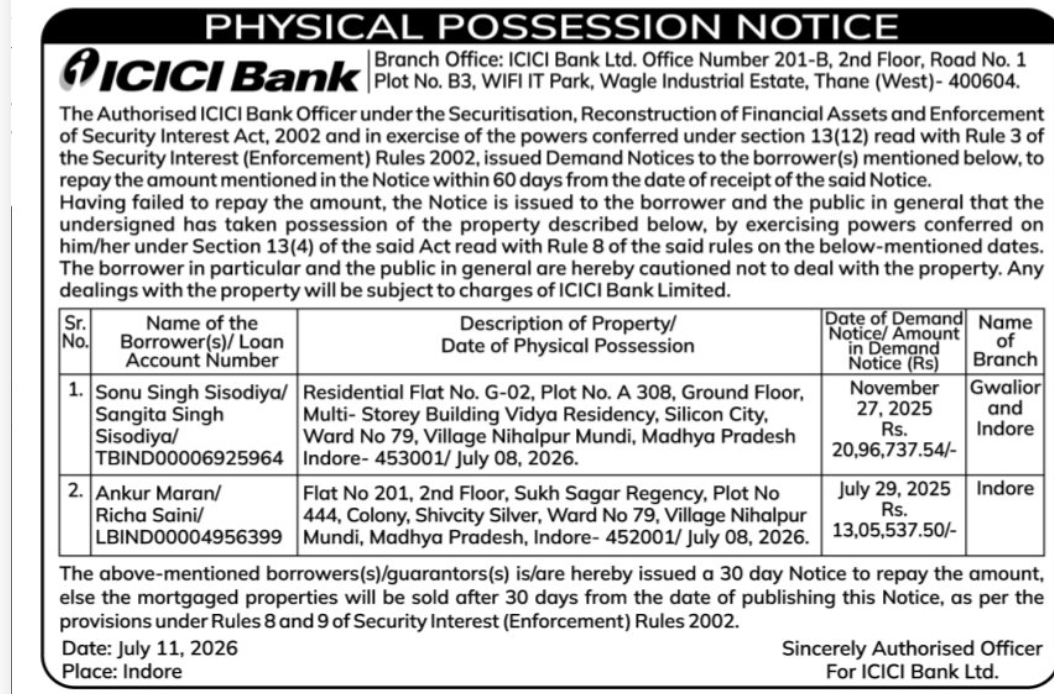 🏦 ICICI Bank – Physical Possession Notice