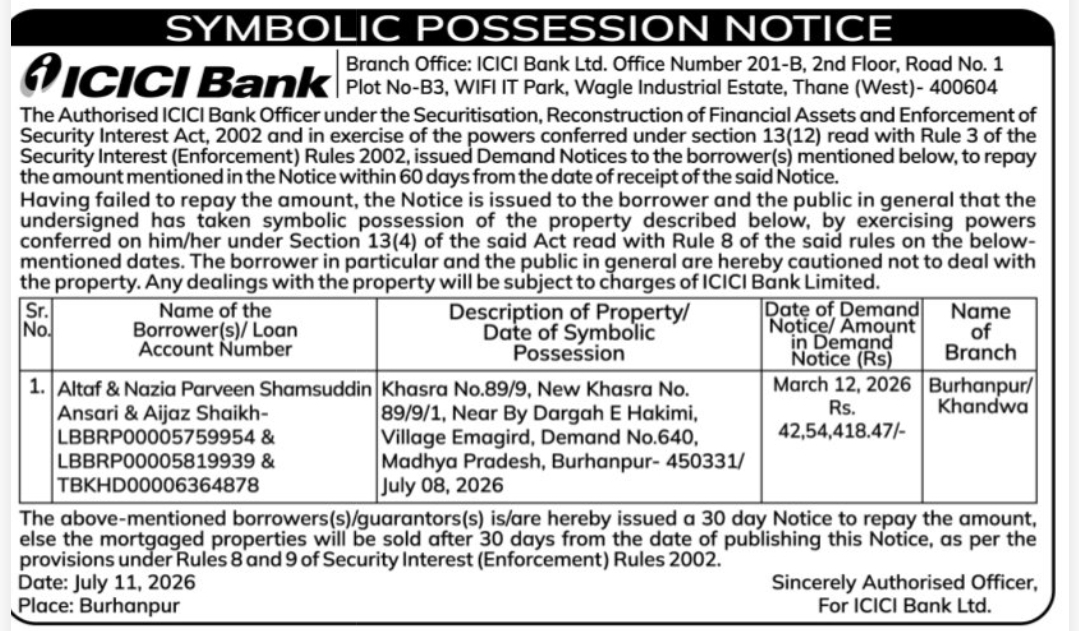 🏦 ICICI Bank – Symbolic Possession Notice