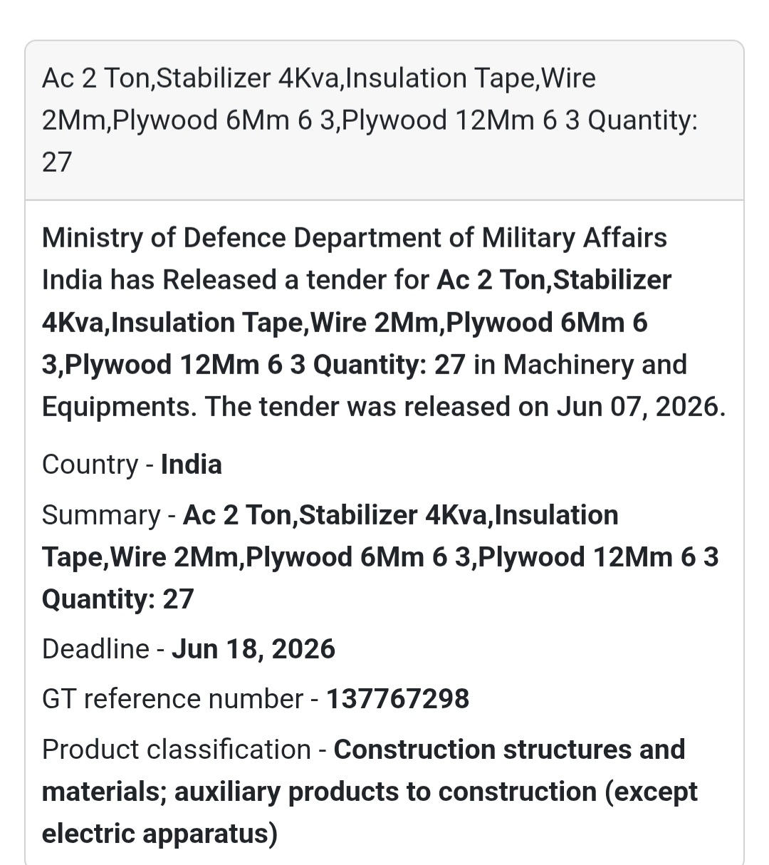 📍 India | AC, Stabilizer, Wire & Plywood