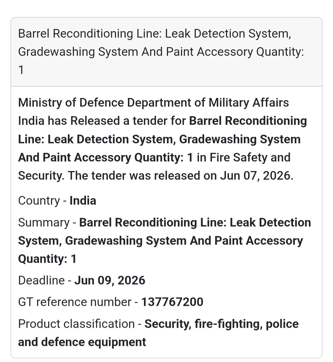 📍 India | Barrel Reconditioning Line Tender 🛢️