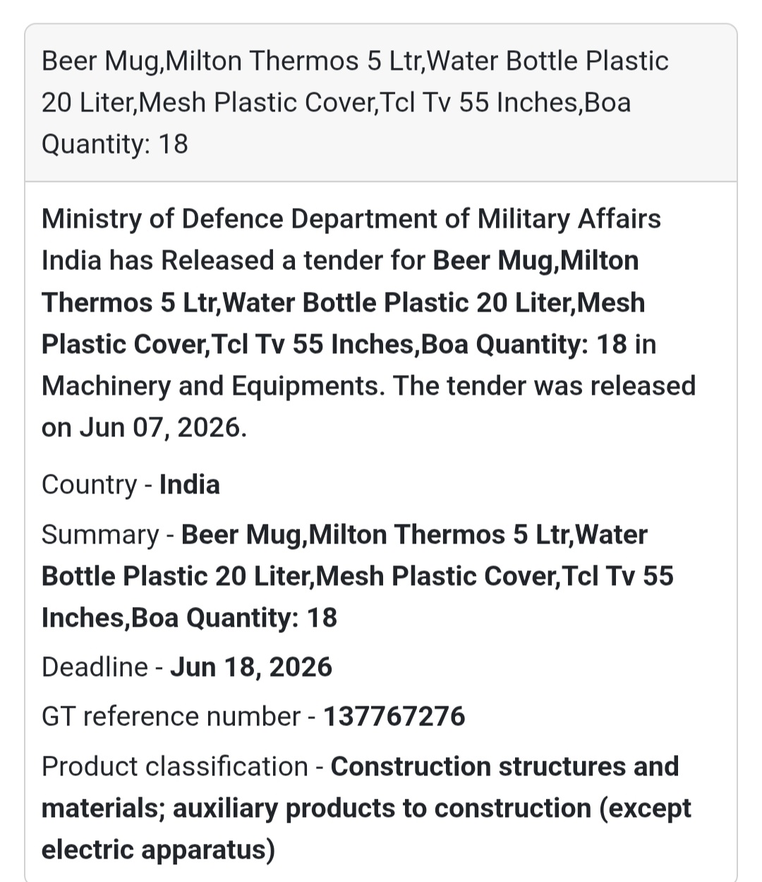 🏺 India | Beer Mug, Thermos & Utility Items Tender