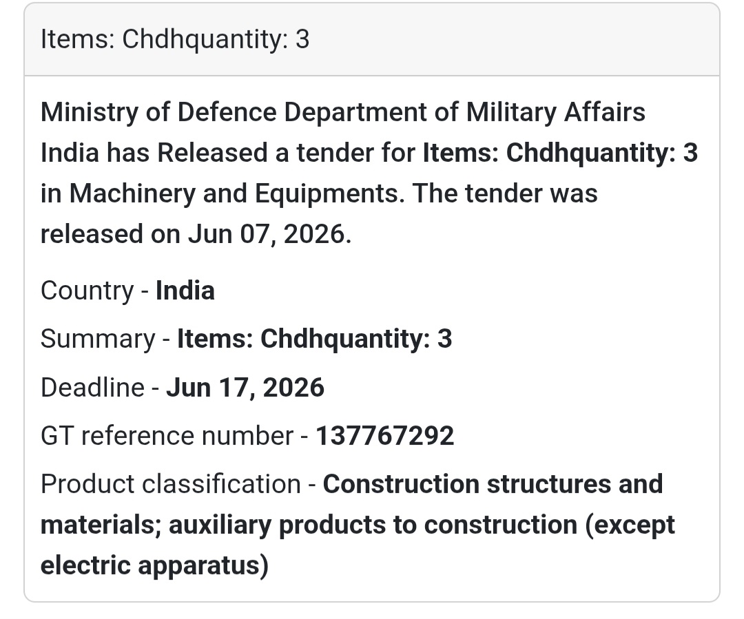 📍 India | Chdh Item 🛠️ Tender Alert – Ministry of Defence