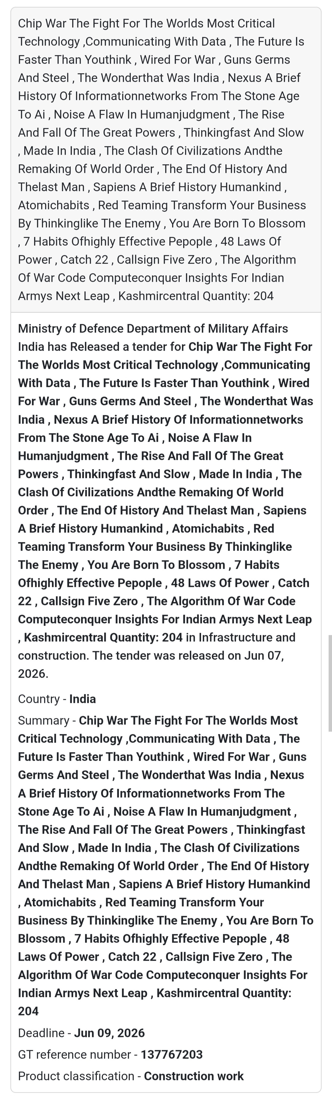 📍 India | Defence Books Procurement Tender 📚
