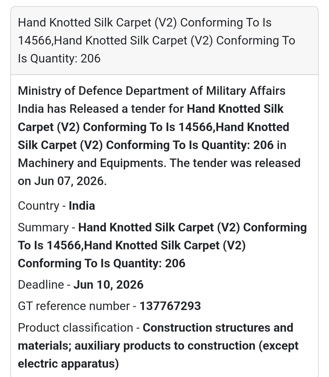 📍 India | Hand Knotted Silk Carpet 🧶 Tender Alert – Ministry of Defence