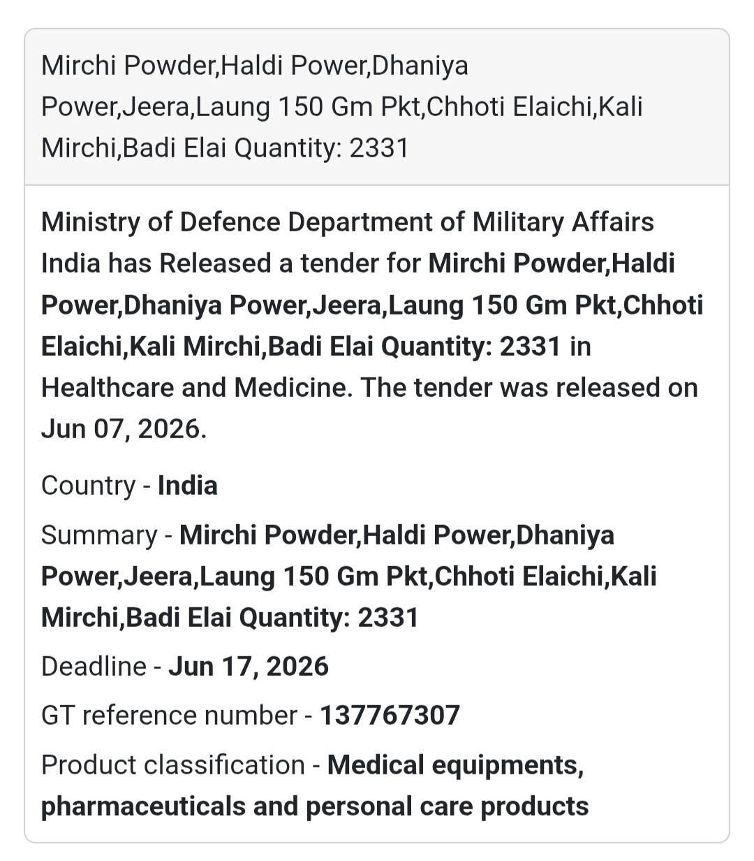 📍 India | Spices Supply Tender