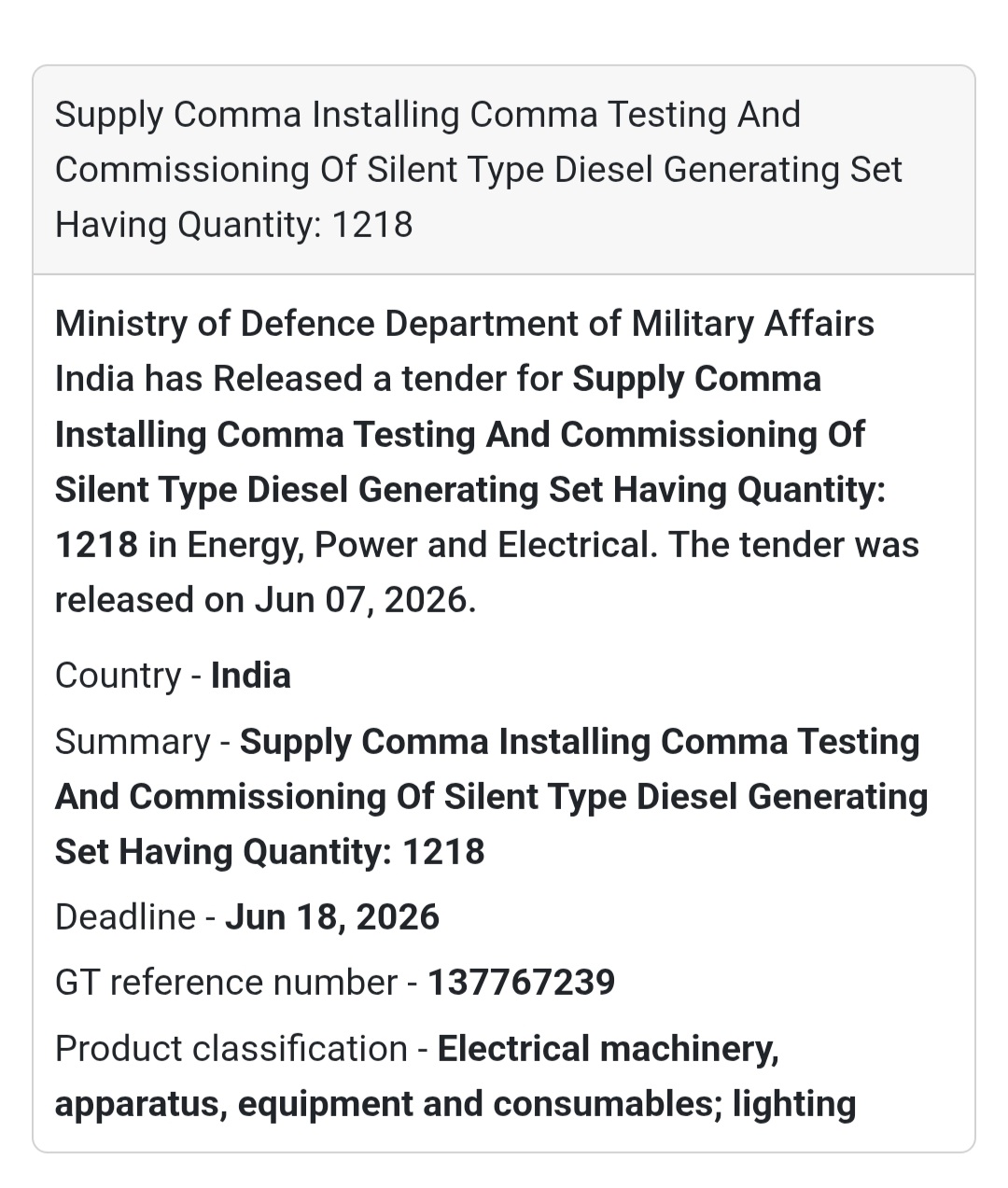 📍 India | Supply, Installation, Testing & Commissioning of Silent Type DG Set