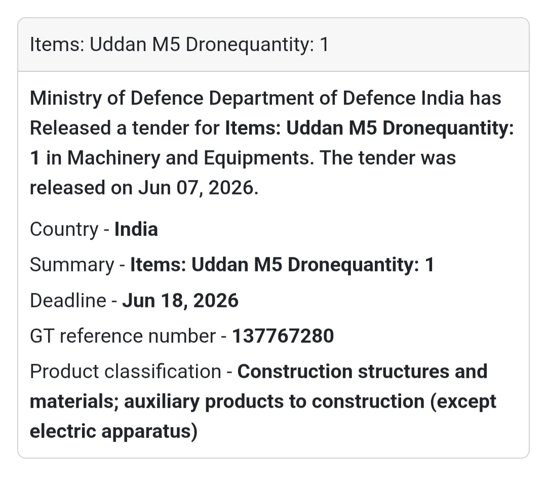 📍 India | Uddan M5 Drone 🚁 Tender Alert – Ministry of Defence