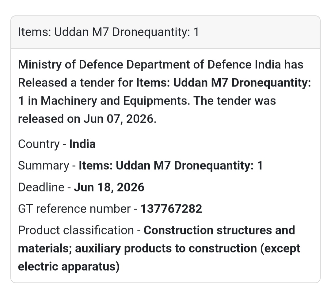 📍 India | Uddan M7 Drone 🚁 Tender Alert – Ministry of Defence