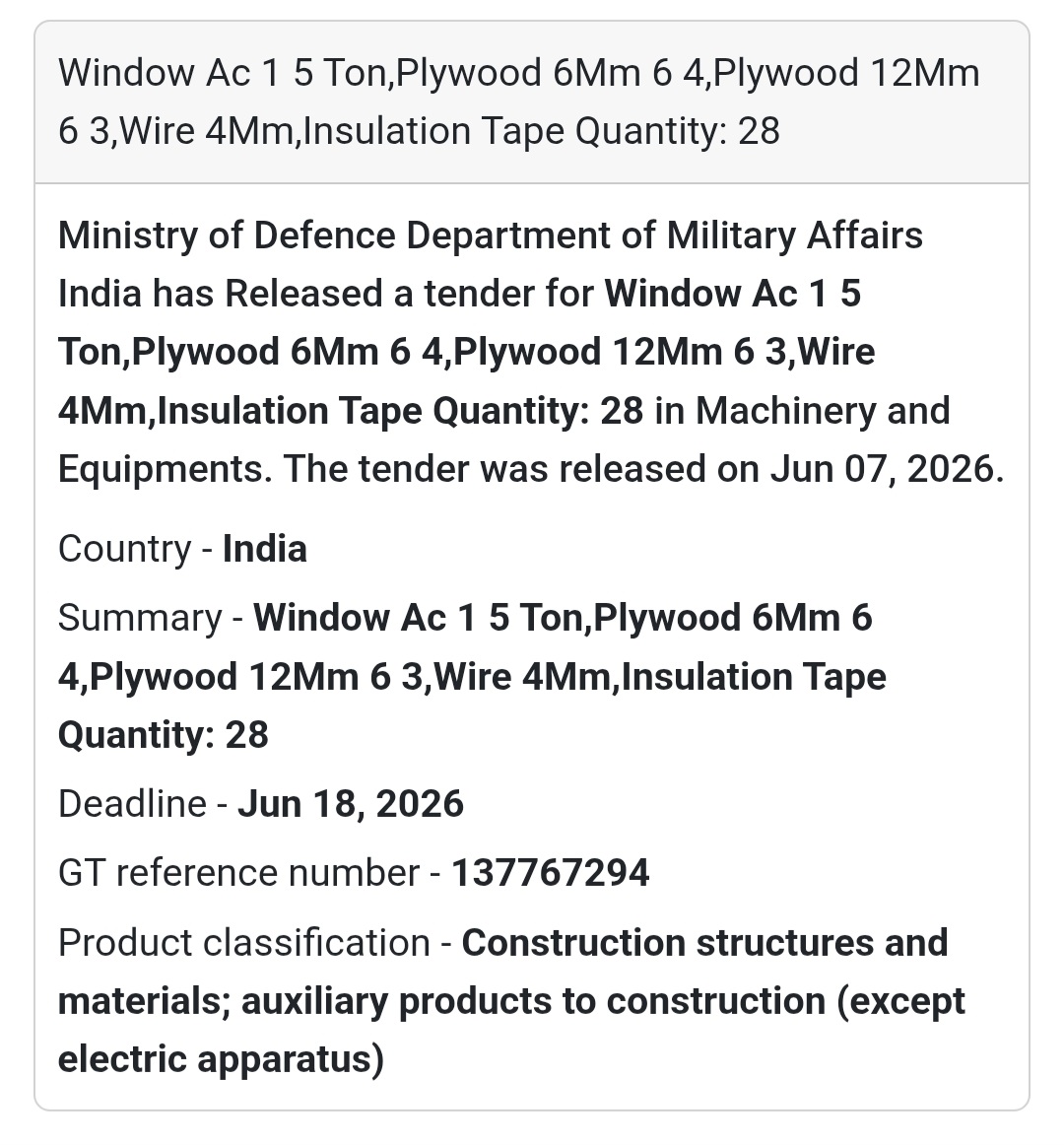 📍 India | Window AC, Plywood, Wire & Insulation Tape