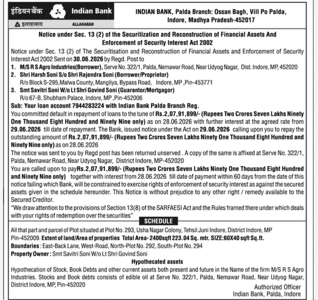 🏦 Indian Bank – SARFAESI Demand Notice