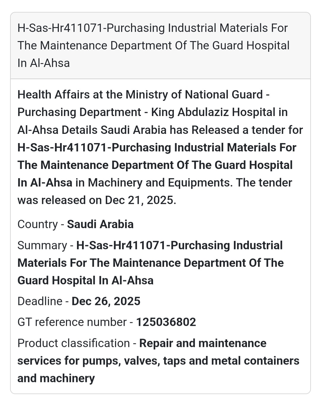 🏭 Industrial Maintenance Supplies Tender – Saudi Arabia