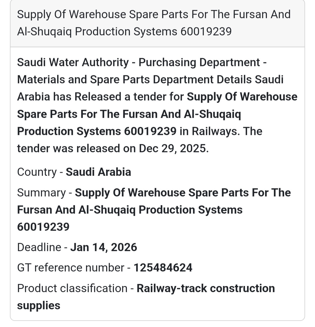 📢 Industrial Spare Parts Tender – Saudi Arabia 🇸🇦