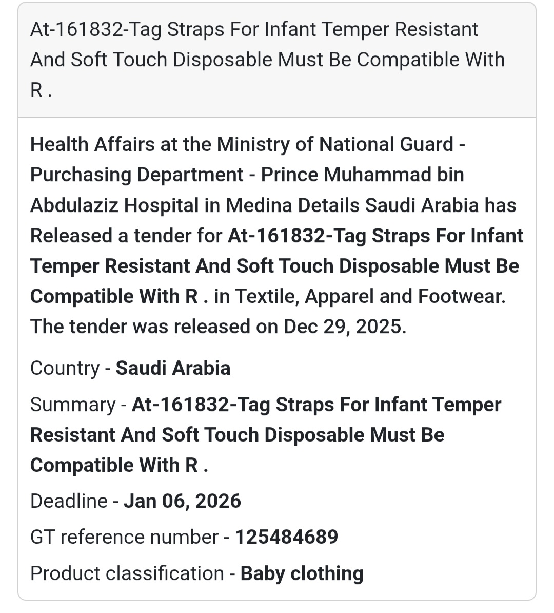 📢 Infant Medical Tag Supply Tender – Saudi Arabia 🇸🇦