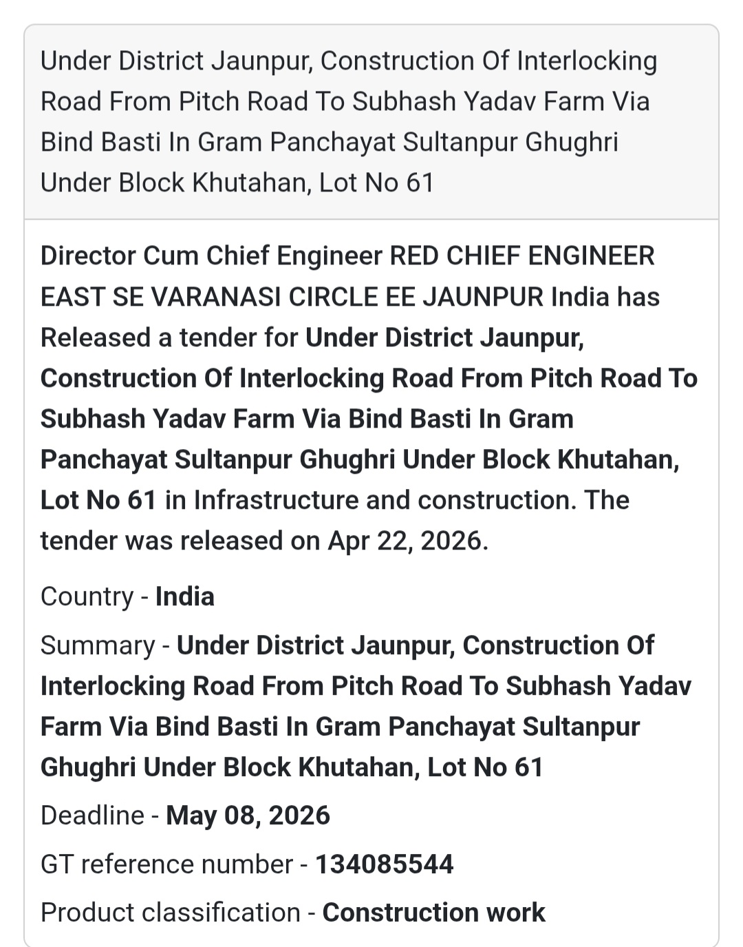 🛣️ Interlocking Road Work – Sultanpur Ghughri (Lot 61)