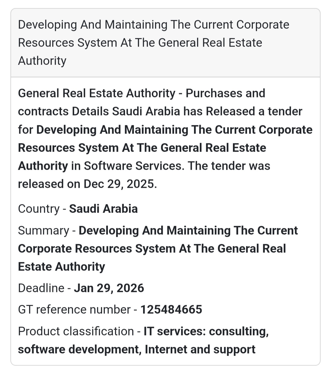 📢 IT Systems Development Tender – Saudi Arabia 🇸🇦