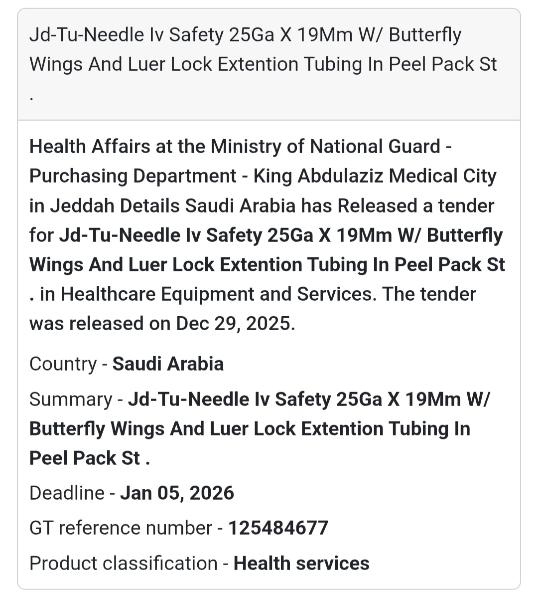 📢 IV Safety Needle Tender – Saudi Arabia 🇸🇦