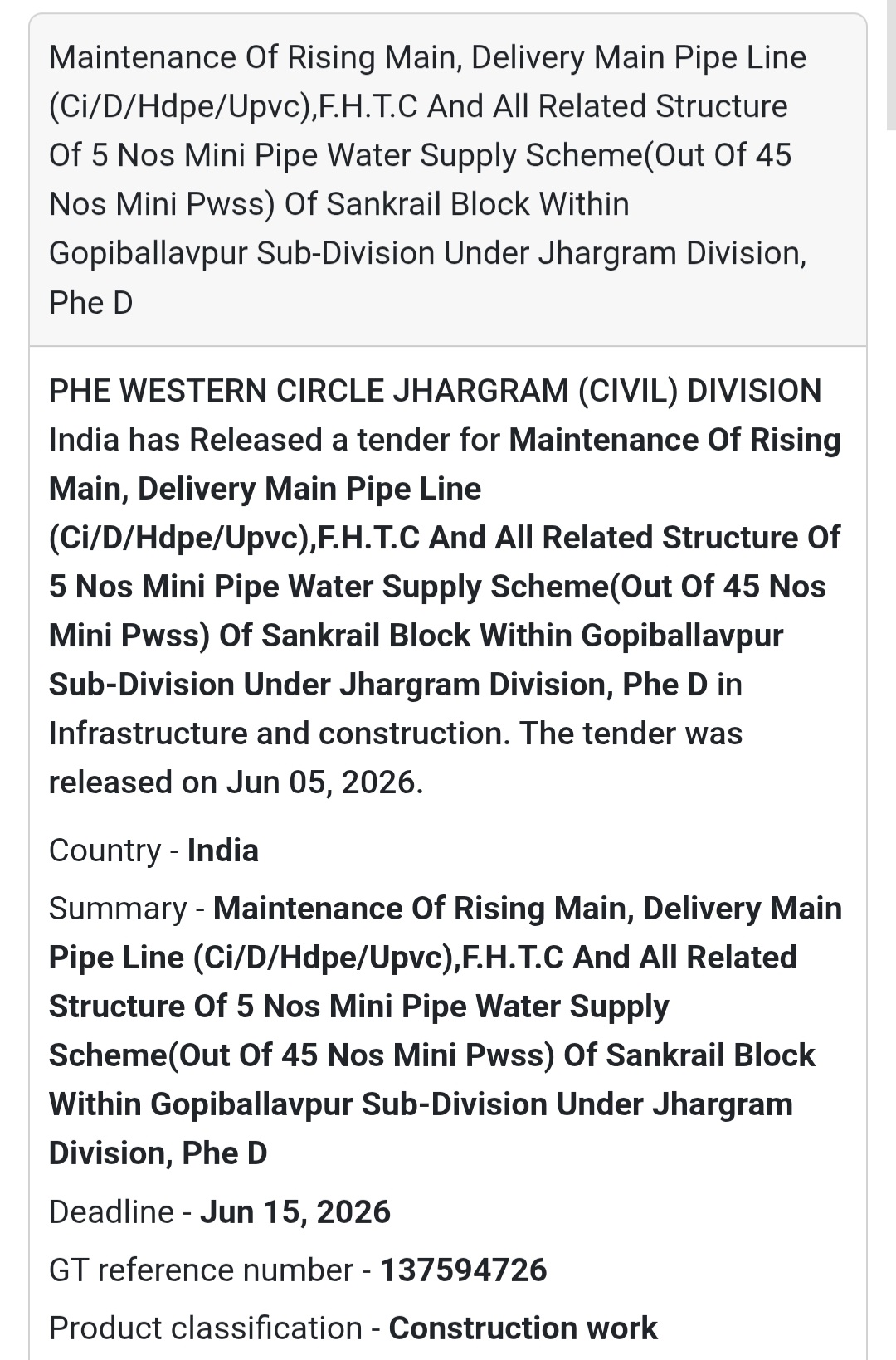 🚰 Jhargram | Mini Water Supply Scheme Maintenance Tender