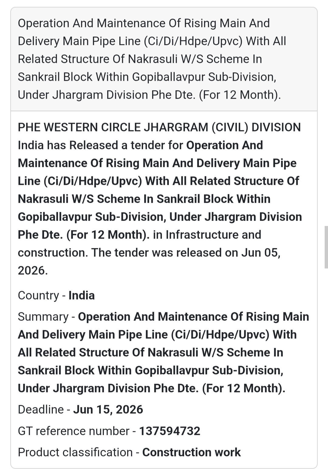 💧 Jhargram PHE | Water Supply Scheme Maintenance Tender
