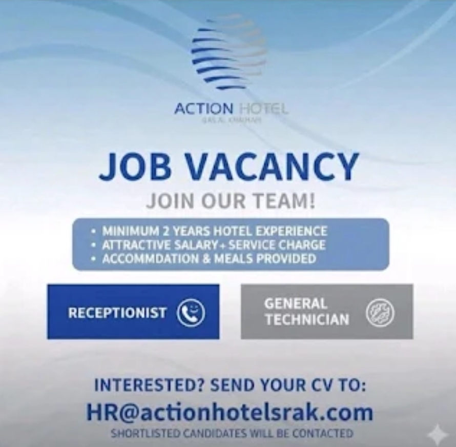 🌟 Job Vacancies at Action Hotel RAK! 🌟