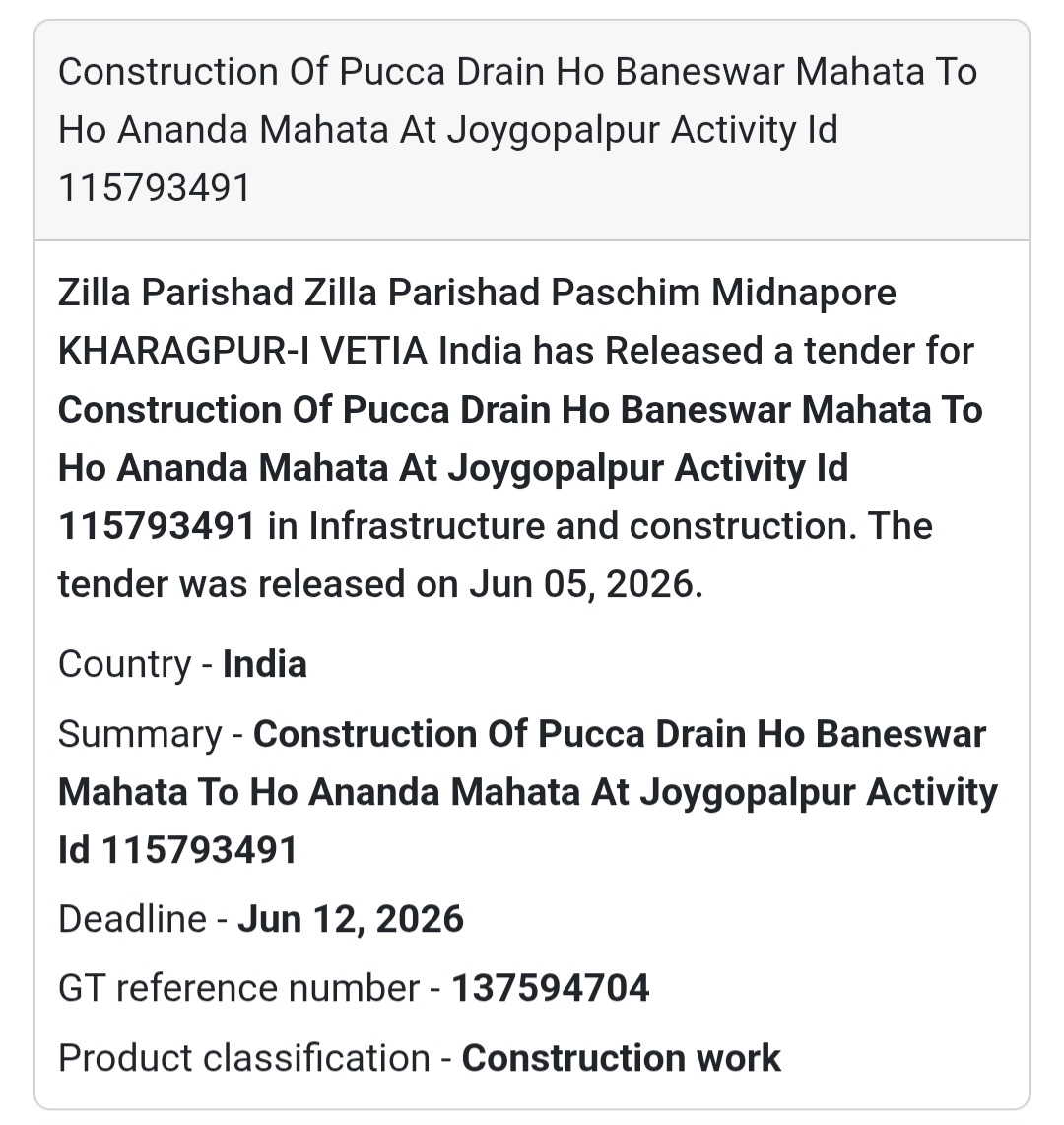 🚧 Kharagpur, Paschim Medinipur | Rural Drain Construction Tender