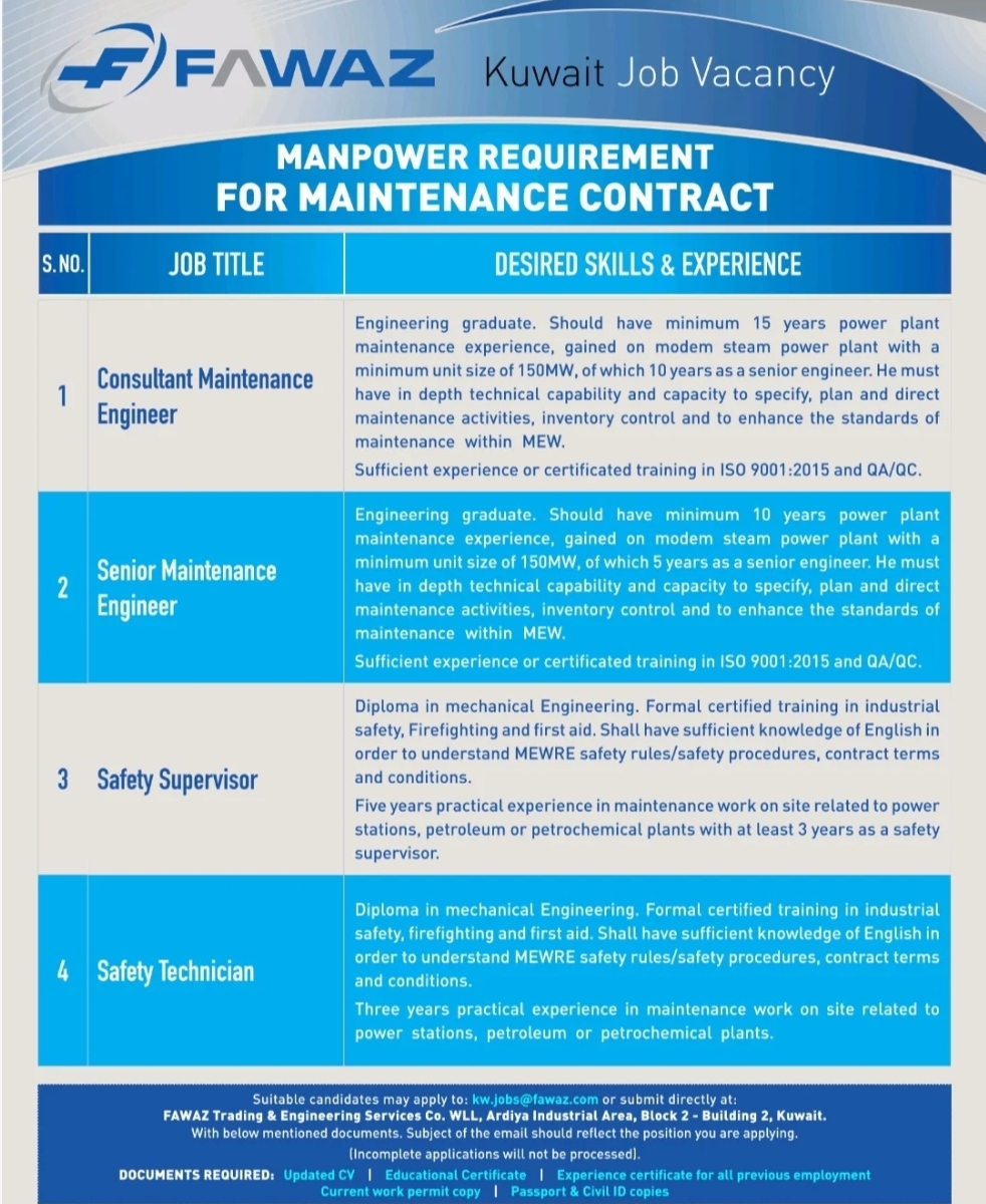🇰🇼🔧 KUWAIT JOB VACANCY | MAINTENANCE CONTRACT REQUIREMENT 🔧🇰🇼
