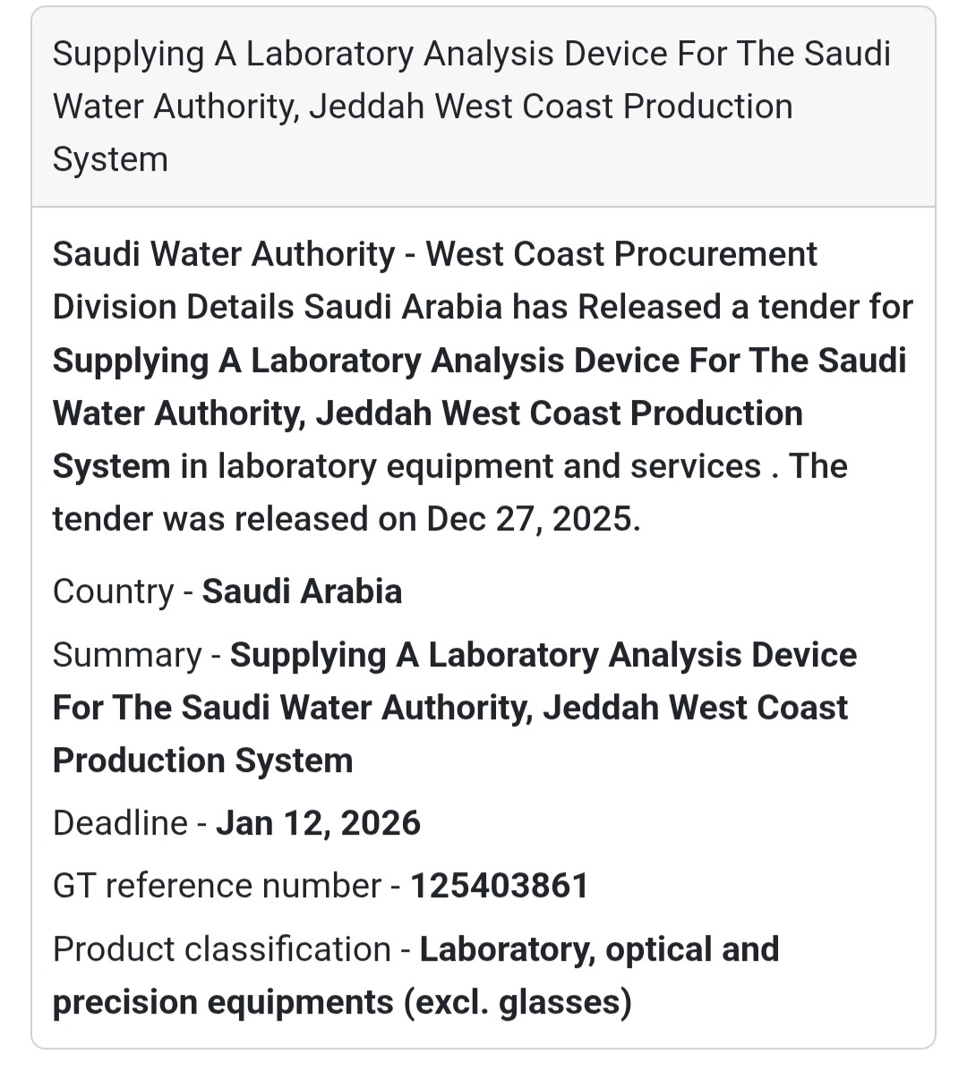 🧬 Laboratory Analysis Device Tender | Jeddah 🇸🇦