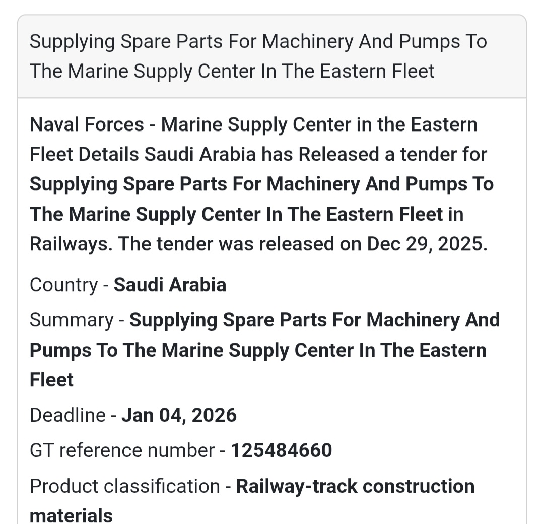 📢 Machinery & Pump Spare Parts Tender – Saudi Arabia 🇸🇦