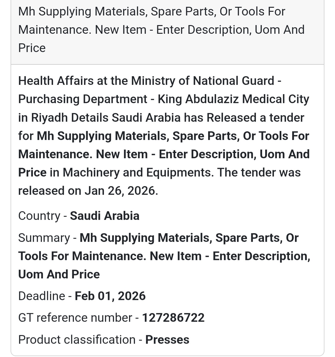 🛠️ Maintenance Materials & Tools – New Item