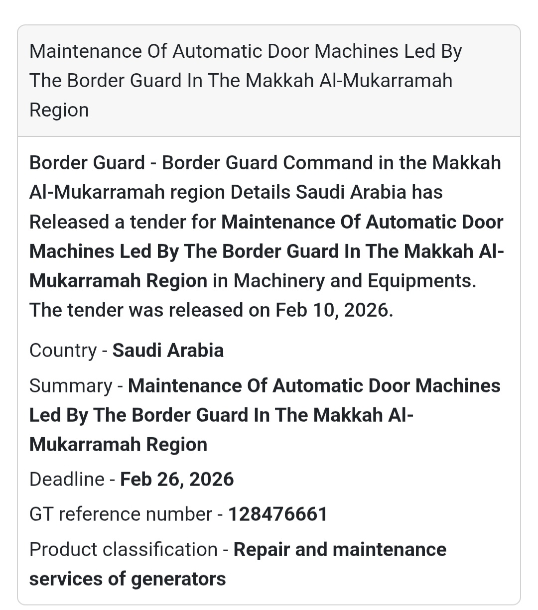 🚪 Maintenance of Automatic Door Machines – Makkah Region