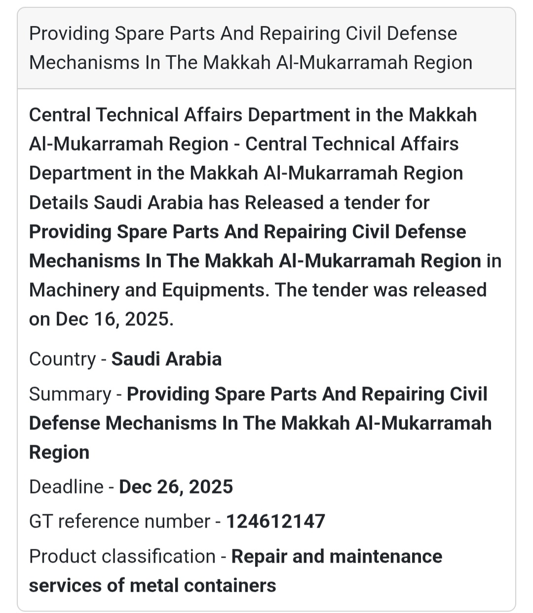 Maintenance Services Tender | Saudi Arabia 🇸🇦