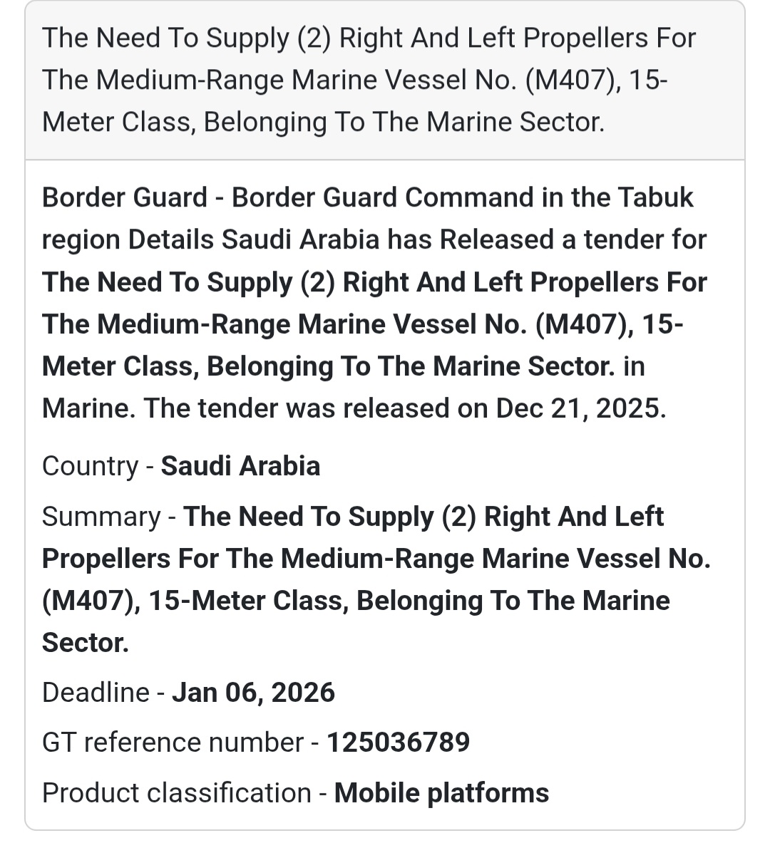 ⚓ Marine Propellers Supply Tender – Saudi Arabia