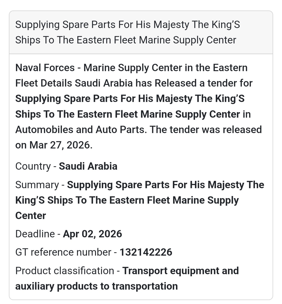 🚢⚙️ Marine Spare Parts Tender (Automobiles Category) 🇸🇦