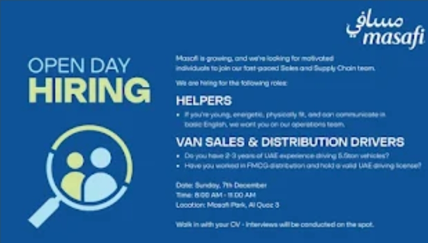 🚚 Masafi Open Day Hiring – Dubai | Helpers, Van Sales & Distribution Drivers
