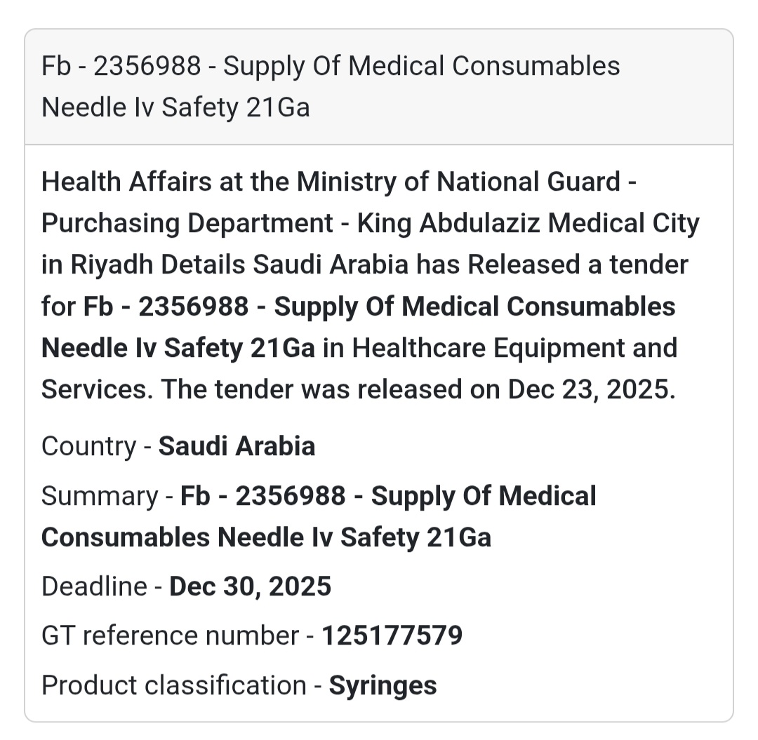 💉 Medical Consumables Tender – Saudi Arabia 🇸🇦