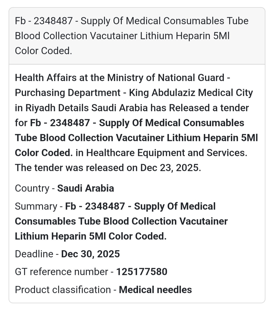 🧪 Medical Consumables Tender – Saudi Arabia 🇸🇦