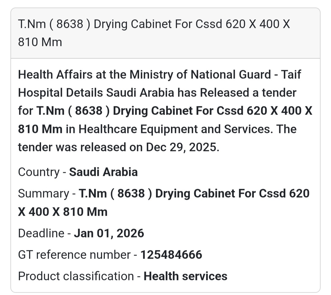 📢 Medical Drying Cabinet Tender – Saudi Arabia 🇸🇦