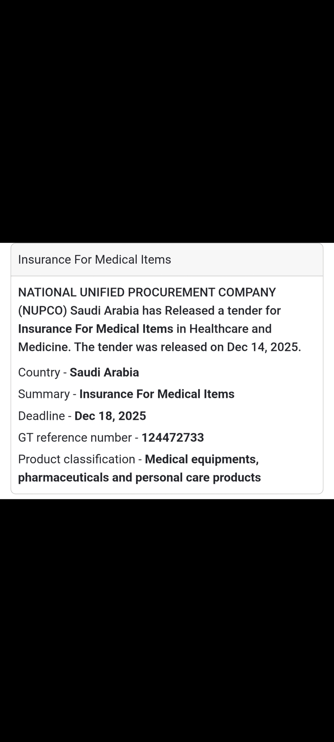 Medical Equipment, Pharmaceuticals & Personal Care Products tender