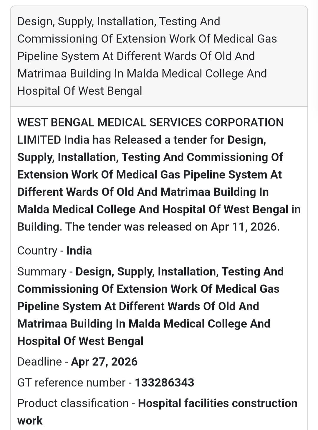 🏥 MEDICAL GAS PIPELINE INSTALLATION – MALDA
