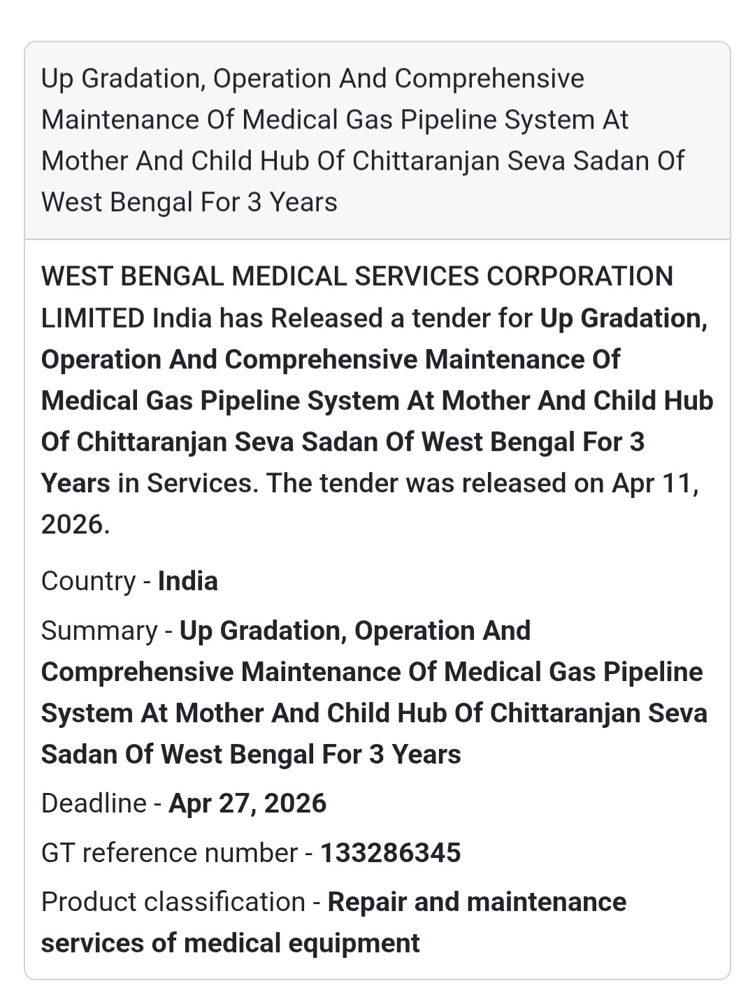 🏥 MEDICAL GAS PIPELINE MAINTENANCE – WEST BENGAL