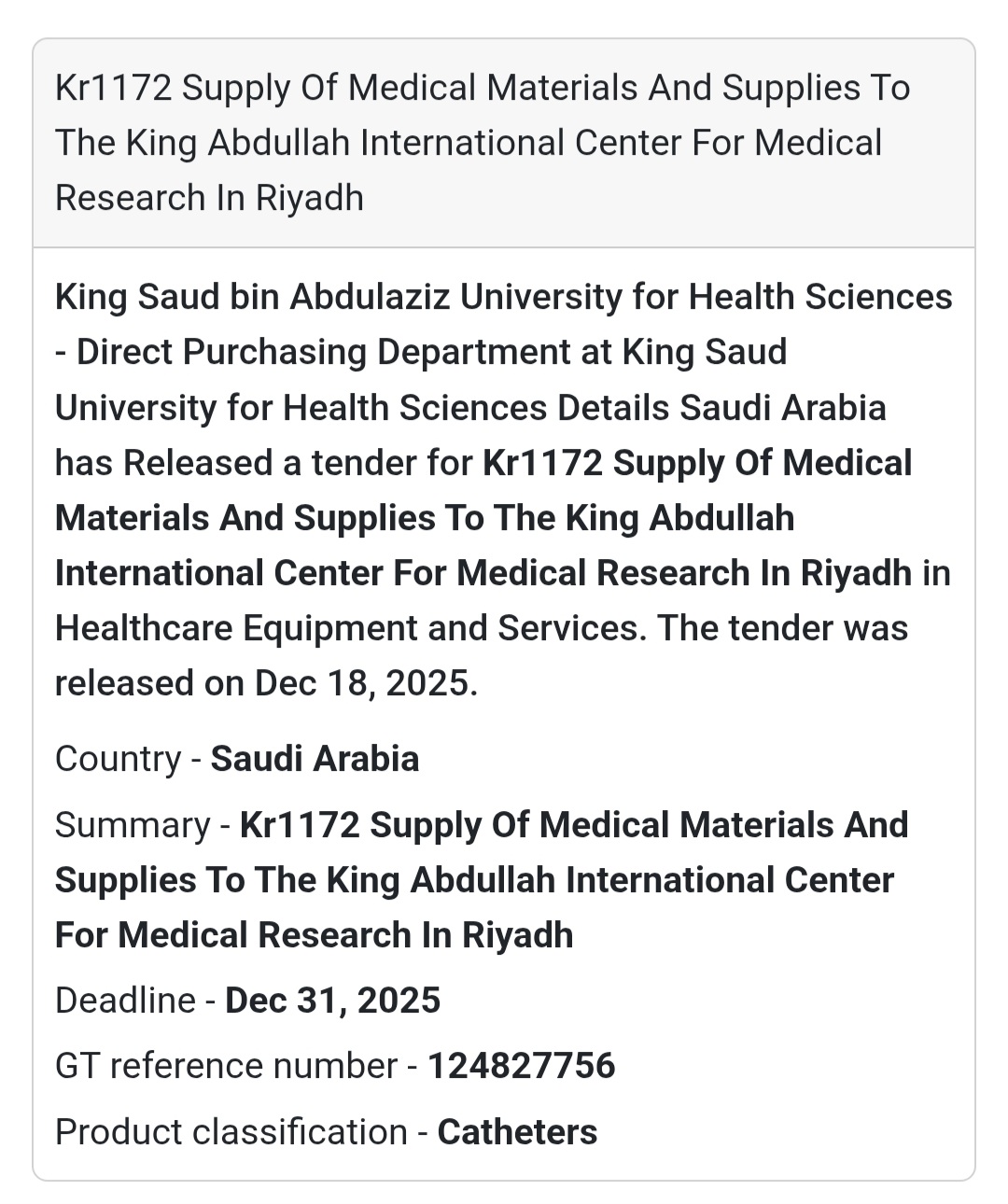 🔔 Medical Materials & Supplies Tender | Saudi Arabia 🇸🇦