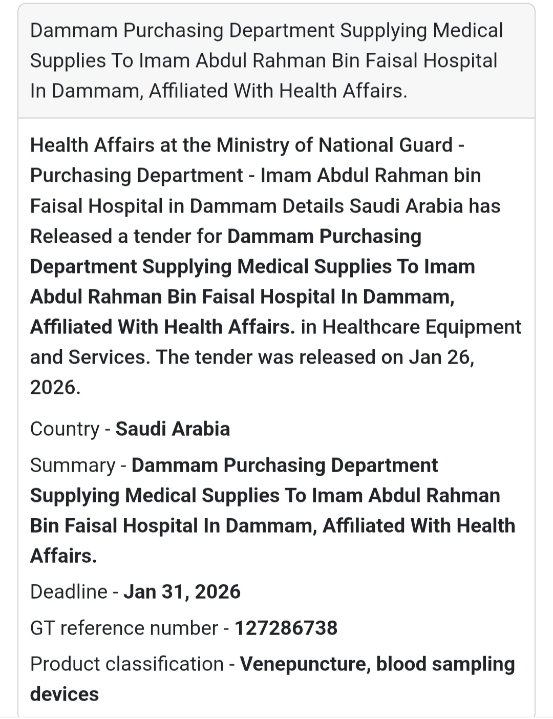 🩸 Medical Supplies – Blood Sampling Devices (Tender 4)