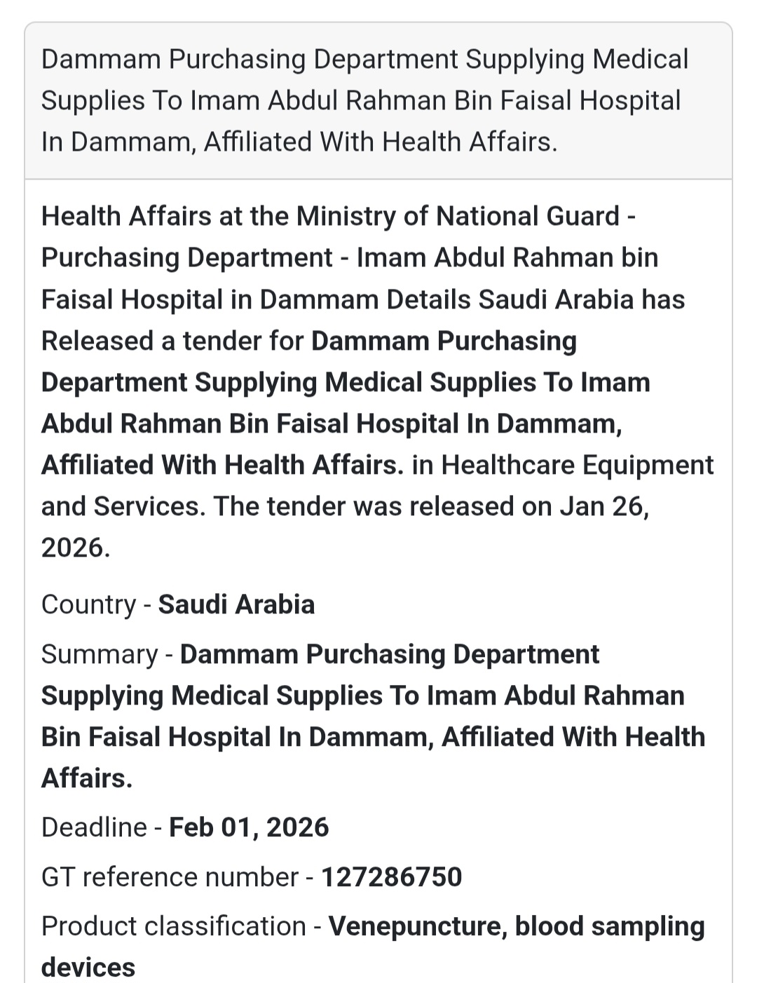 🩸 Medical Supplies – Dammam Hospital (Tender 1)